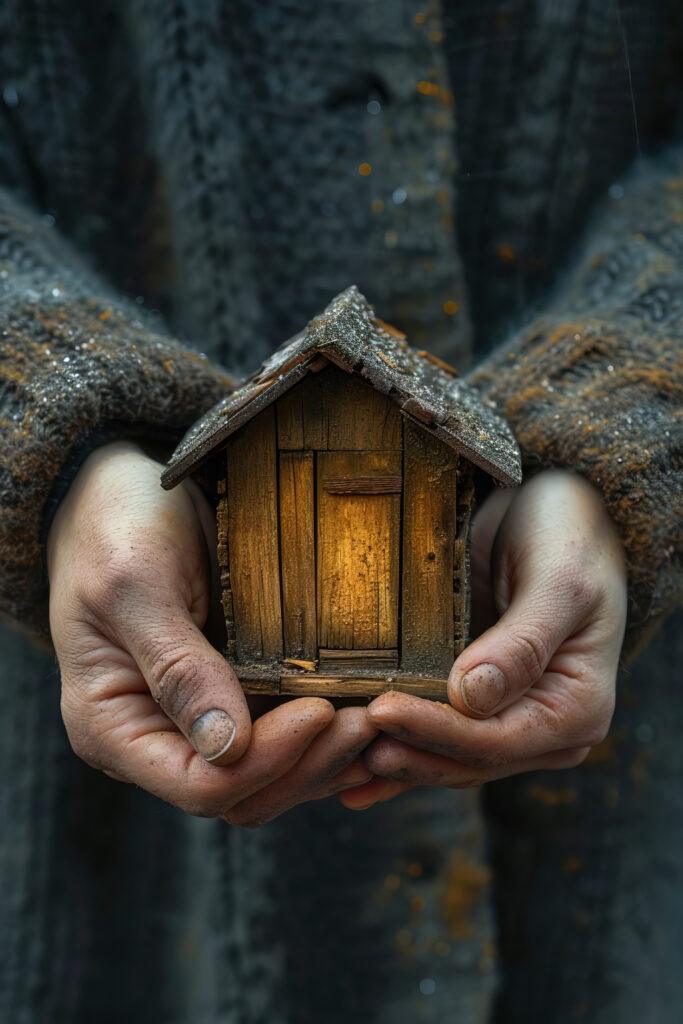 Imagen de una casa marrón sostenida por las manos de una persona